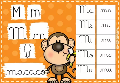 Imagem de um macaco segurando uma banana, com letras M em diferentes formas e a palavra 'macaco'.