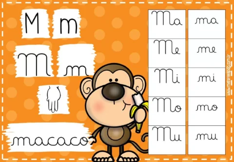 Imagem de um macaco segurando uma banana, com letras M em diferentes formas e a palavra 'macaco'.