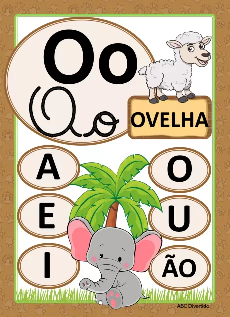 Imagem educativa com a letra O, uma ovelha e um elefante, destacando vogais.