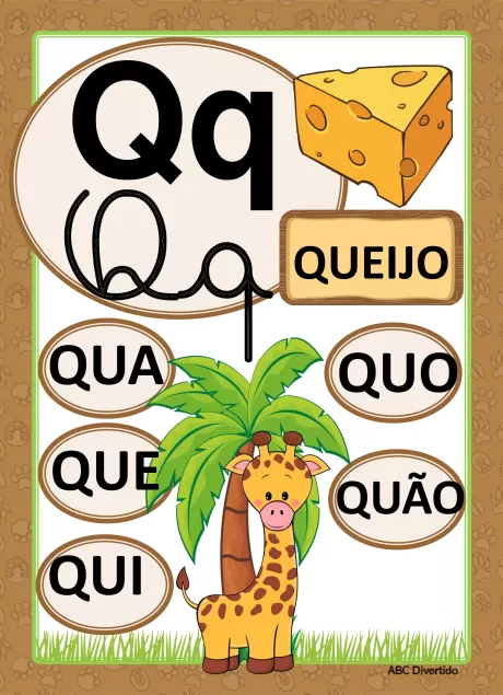 Imagem educativa com a letra Q, queijo e uma girafa.