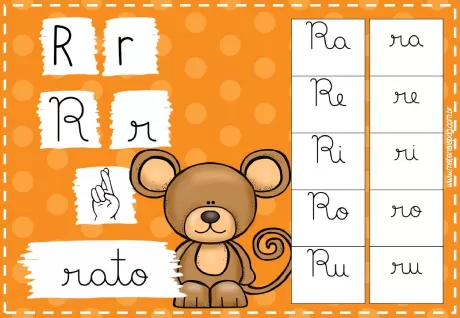 Imagem educativa com a letra R e um rato desenhado