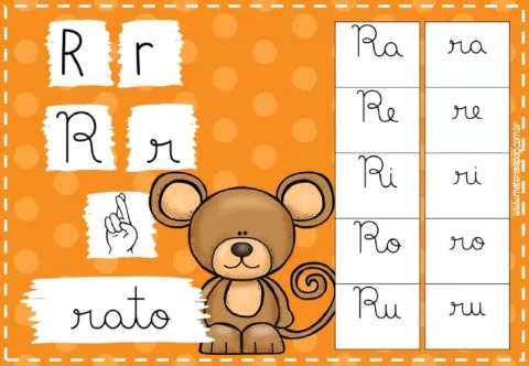 Imagem educativa com a letra R e um rato desenhado