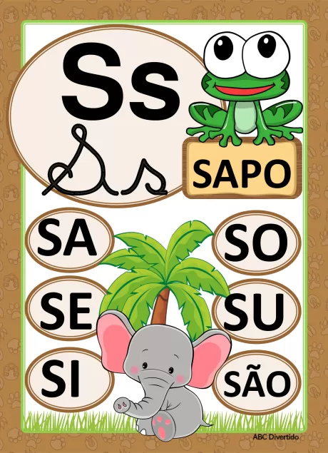 Imagem educativa com a letra S, um sapo e um elefante, apresentando palavras que começam com S.