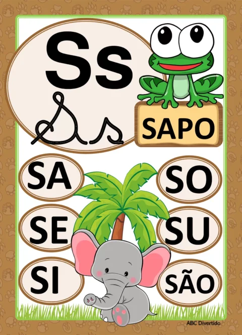 Imagem educativa com a letra S, um sapo e um elefante, apresentando palavras que começam com S.