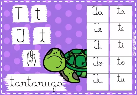 Imagem educativa com a letra T, uma tartaruga e exemplos de sílabas.