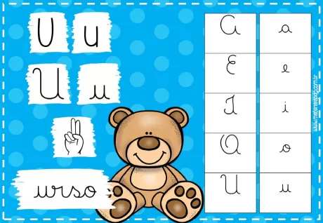 Imagem educativa com a letra U, um urso e exemplos de palavras com a letra U.