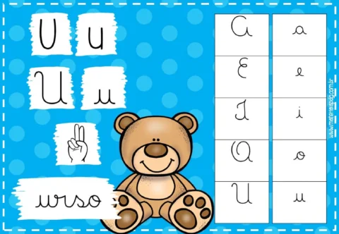 Imagem educativa com a letra U, um urso e exemplos de palavras com a letra U.