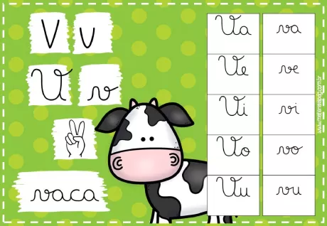 Imagem educativa com a letra V e uma vaca
