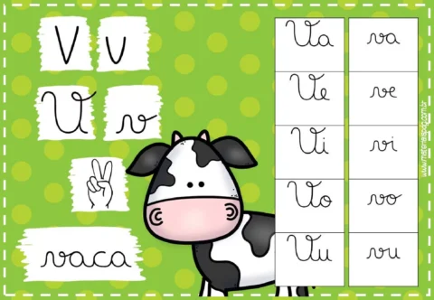 Imagem educativa com a letra V e uma vaca