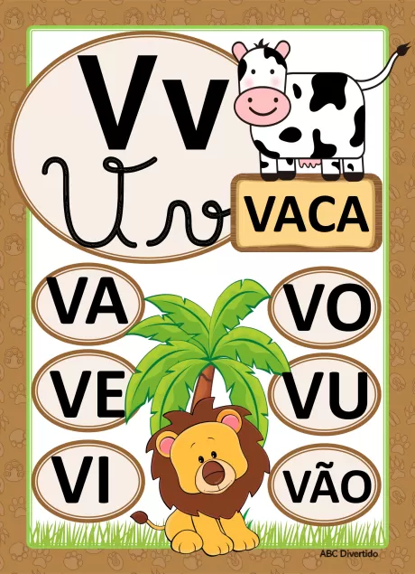 Imagem educativa com a letra V, uma vaca e um leão, apresentando sílabas com a letra V.