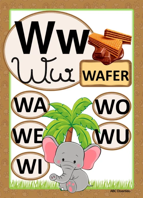 Imagem educativa com a letra W, um elefante e a palavra wafer
