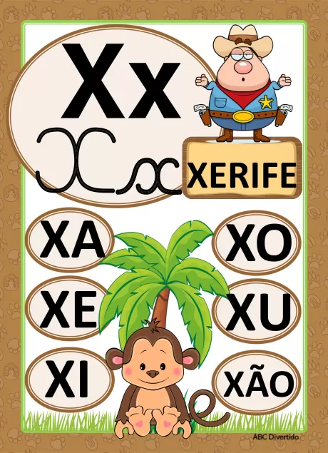 Imagem educativa com a letra X e palavras que começam com X, incluindo um xerife, uma palmeira e um macaco.