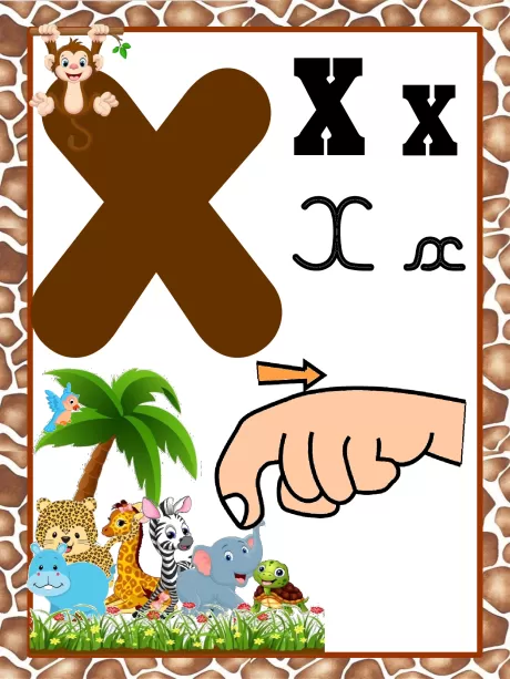 Imagem educativa com a letra X e ilustrações de animais como elefante, zebra e girafa.