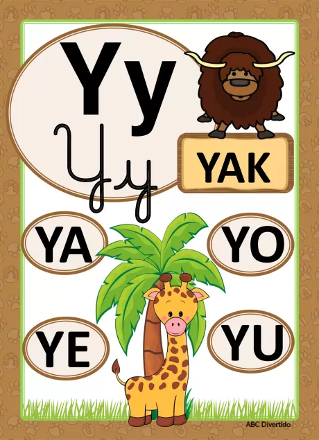 Imagem educativa com a letra Y, um iaque e uma girafa, mostrando palavras que começam com Y.