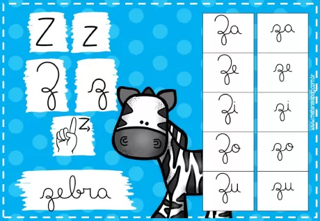 Imagem educativa com a letra Z, uma zebra e sílabas relacionadas.