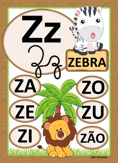 Imagem educativa com a letra Z, uma zebra e um leão, apresentando sílabas com a letra Z.