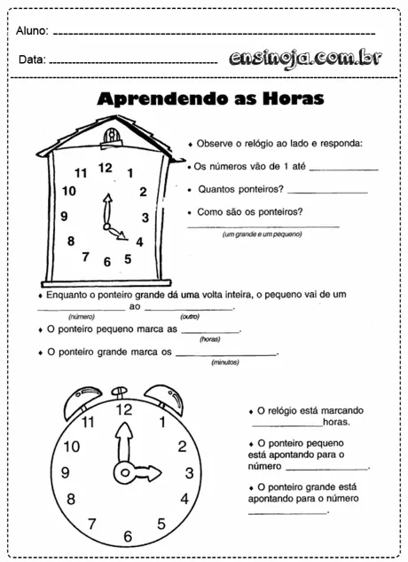 Relógio com ponteiros e atividades sobre horas.