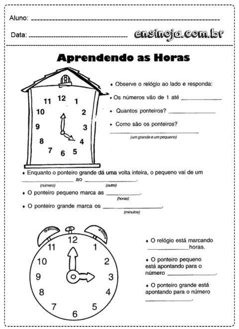 Relógio com ponteiros e atividades sobre horas.