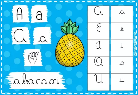 Imagem educativa com a letra A, a fruta abacaxi e a escrita da palavra abacaxi.