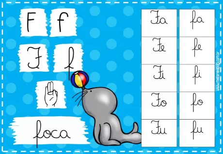 Imagem educativa com as letras F e L, incluindo exemplos de palavras que começam com essas letras.
