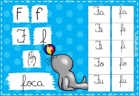 Imagem educativa com as letras F e L, incluindo exemplos de palavras que começam com essas letras.