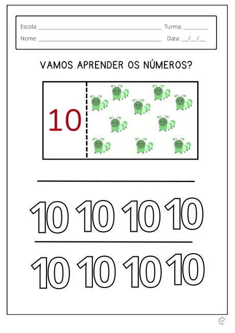 Imagem educativa com o número 10 e ilustrações de vacas verdes.