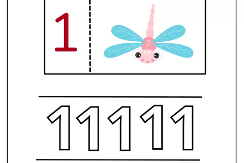 Uma libélula colorida ao lado do número 1, com linhas para praticar a escrita do número.