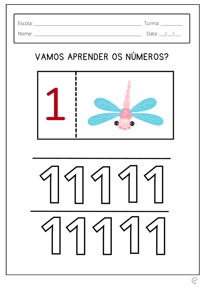 Uma libélula colorida ao lado do número 1, com linhas para praticar a escrita do número.