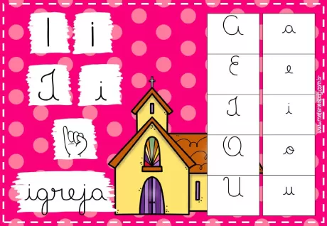 Imagem de uma igreja com letras do alfabeto e a palavra 'igreja'