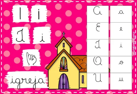 Imagem de uma igreja com letras do alfabeto e a palavra 'igreja'