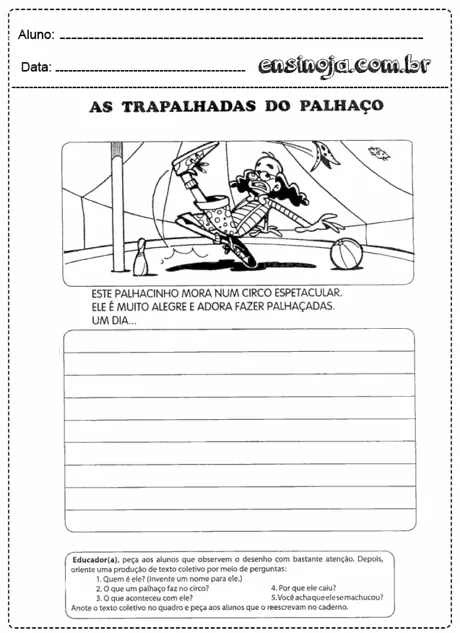 Desenho de um palhaço fazendo palhaçadas em um circo.