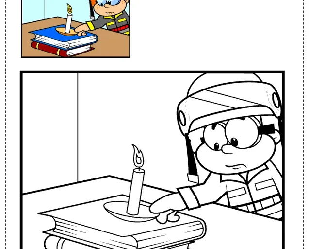 Desenho de uma criança com um capacete observando uma vela acesa sobre livros, com a mensagem de alerta sobre segurança.