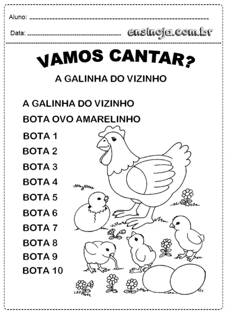 Desenho de uma galinha e pintinhos com espaço para atividades.