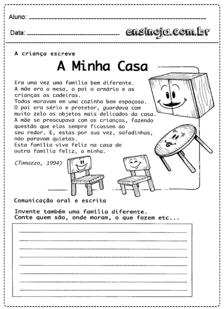 Desenho de uma folha de atividade escolar com o título 'A Minha Casa', contendo uma história sobre uma família e ilustrações de móveis.