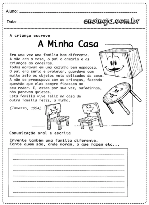 Desenho de uma folha de atividade escolar com o título 'A Minha Casa', contendo uma história sobre uma família e ilustrações de móveis.