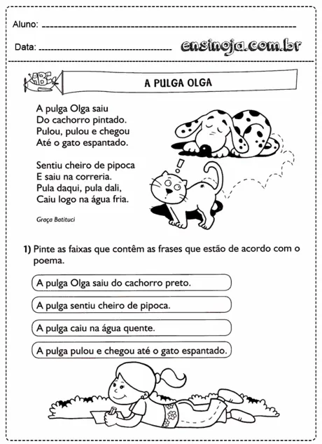 Atividade sobre a pulga Olga, com ilustrações de um cachorro e um gato.