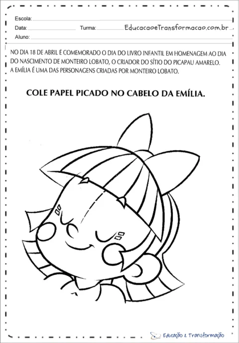 Desenho da personagem Emília, com instruções para colar papel picado em seu cabelo.