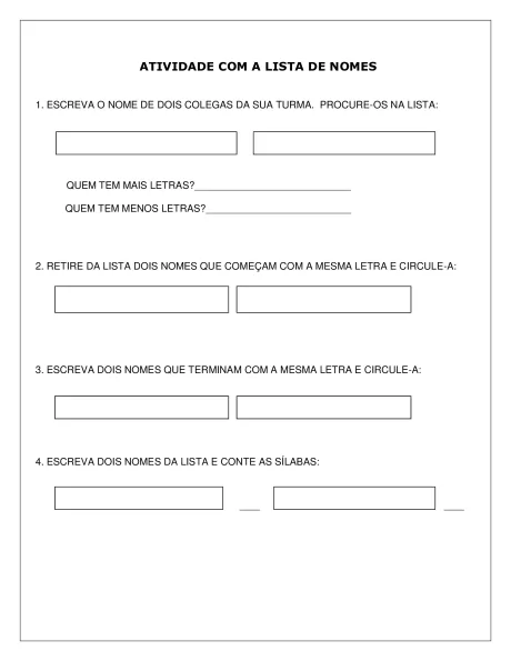 Atividade escolar com instruções para escrever nomes de colegas e realizar atividades relacionadas.