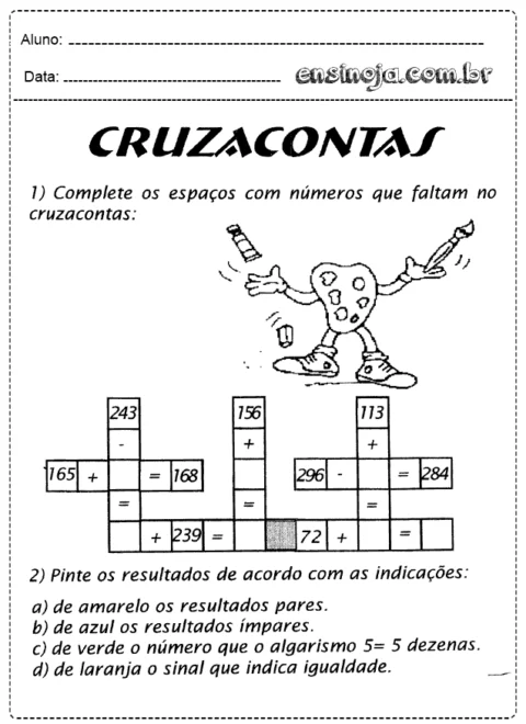 Atividade de cruzadinha com números e um personagem divertido.