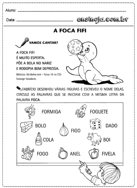 Atividade educativa sobre a foca Fifi, com figuras e palavras para serem circuladas.