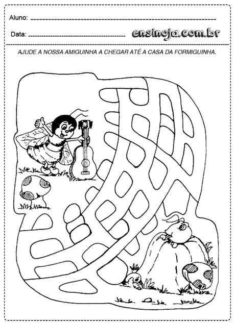 Desenho de uma abelha com um violão ajudando a formiguinha a chegar em casa.