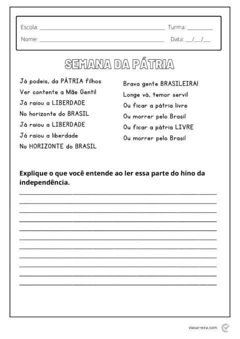 Atividade escolar sobre a Semana da Pátria com perguntas e espaço para resposta.