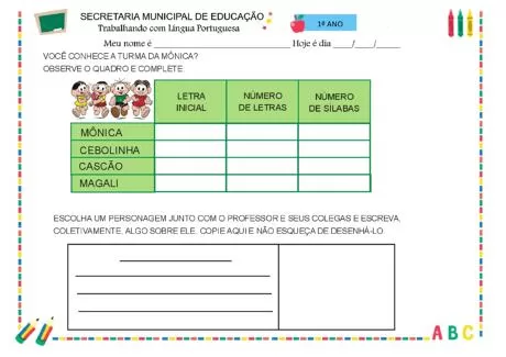 Atividade escolar sobre a turma da Mônica para o 1º ano do ensino fundamental.