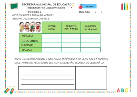 Atividade escolar sobre a turma da Mônica para o 1º ano do ensino fundamental.