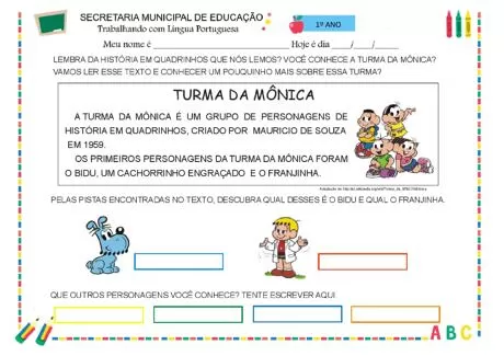 Atividade sobre a Turma da Mônica para o 1º ano do Ensino Fundamental.