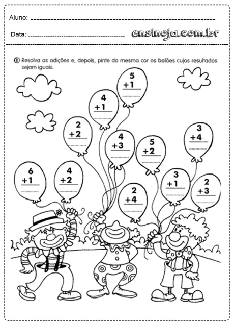 Atividade de adição com balões e palhaços para crianças.