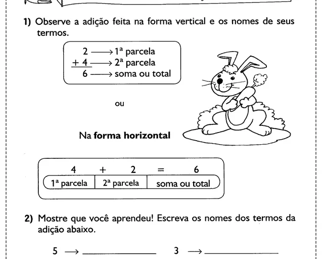 Atividade de adição com coelhos e termos da adição.