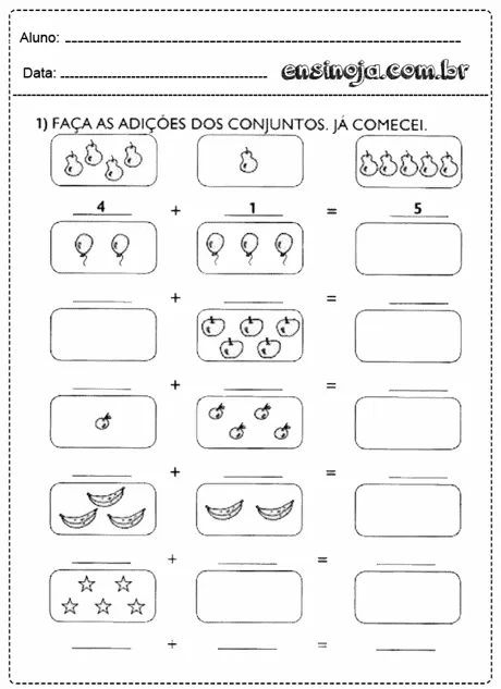 Atividade de adição com conjuntos de objetos para crianças.