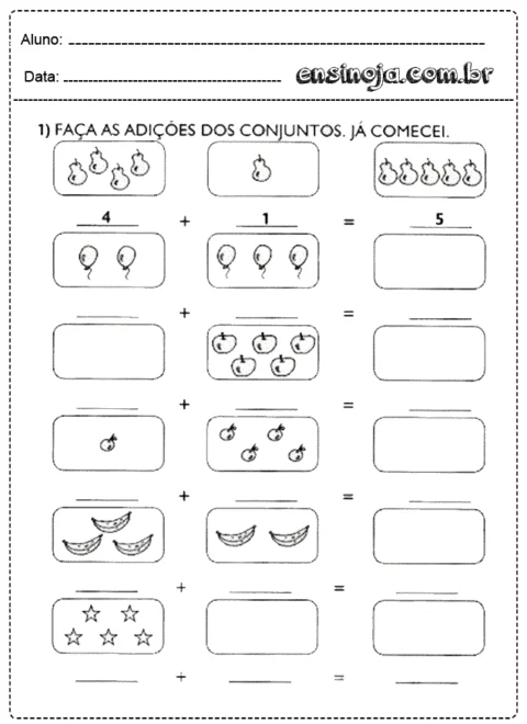 Atividade de adição com conjuntos de objetos para crianças.