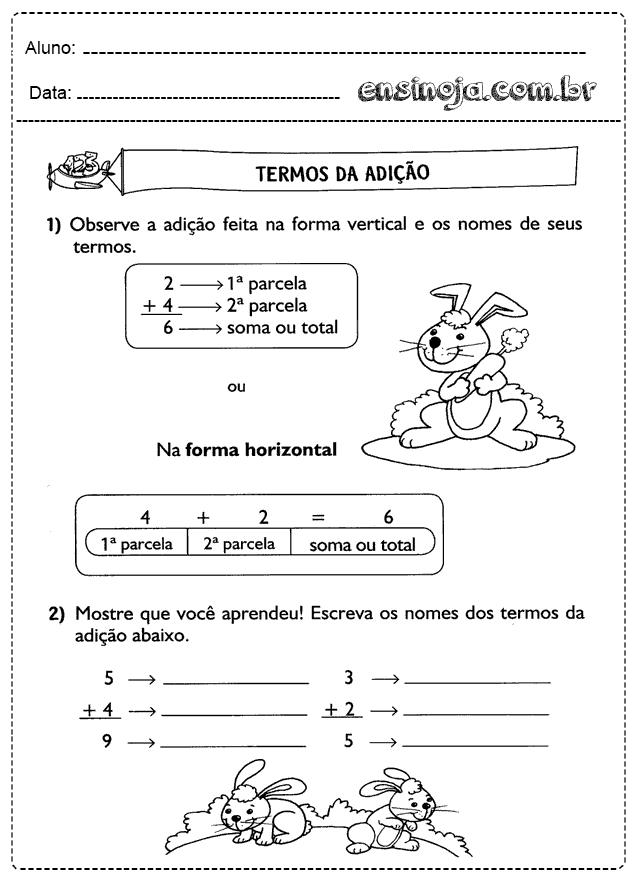 Atividade de adição com coelhos e termos da adição.